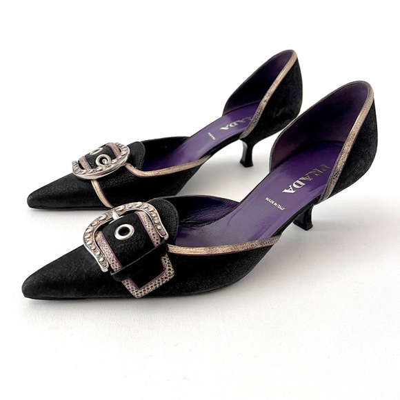 PRADA | Vintage Y2K Pointed D’Orsay Kitten Heels Studded Buckle Black 37.5 - Picture 1 of 16